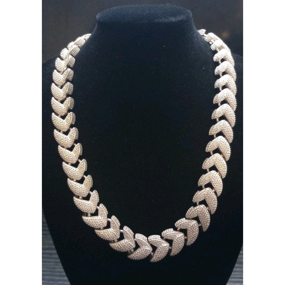 Heavy Vintage Mid Century Silver Tone Leaf Link Necklace | 106g Statement Collar